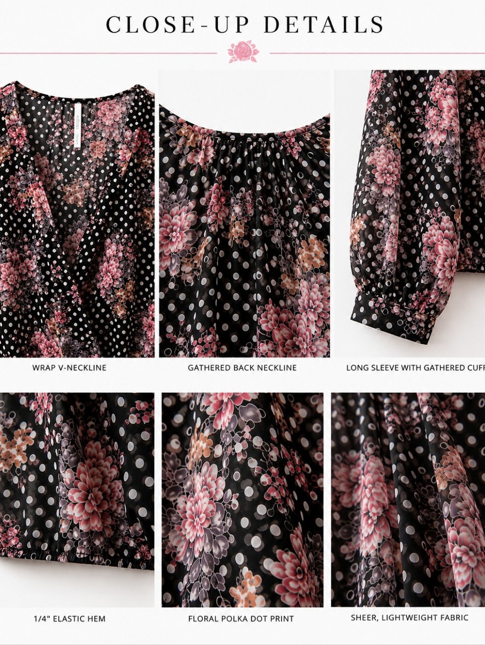 Bellatrix | Romantic Floral Semi-Sheer Wrap Blouse Black Pink | Size Medium - Picture 3 of 11